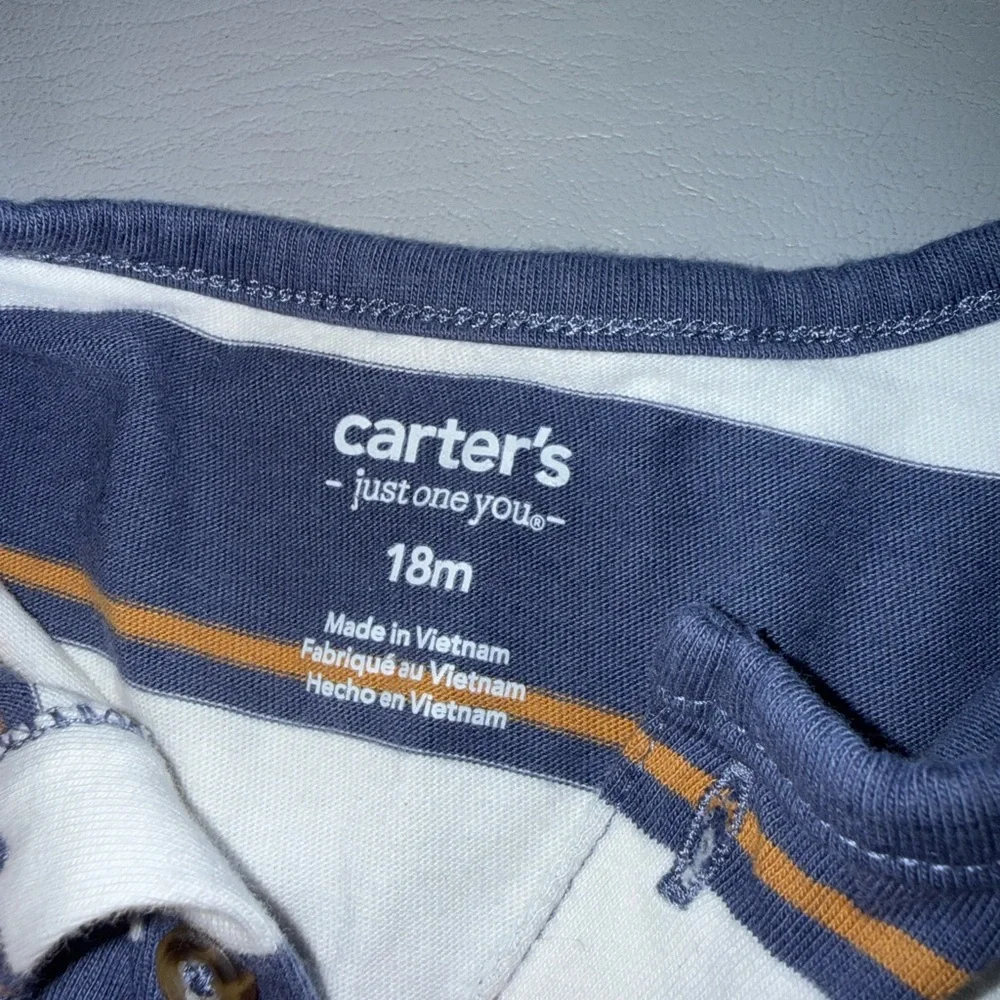 Carter's Blue and White Striped Romper with‎ Orange Accent